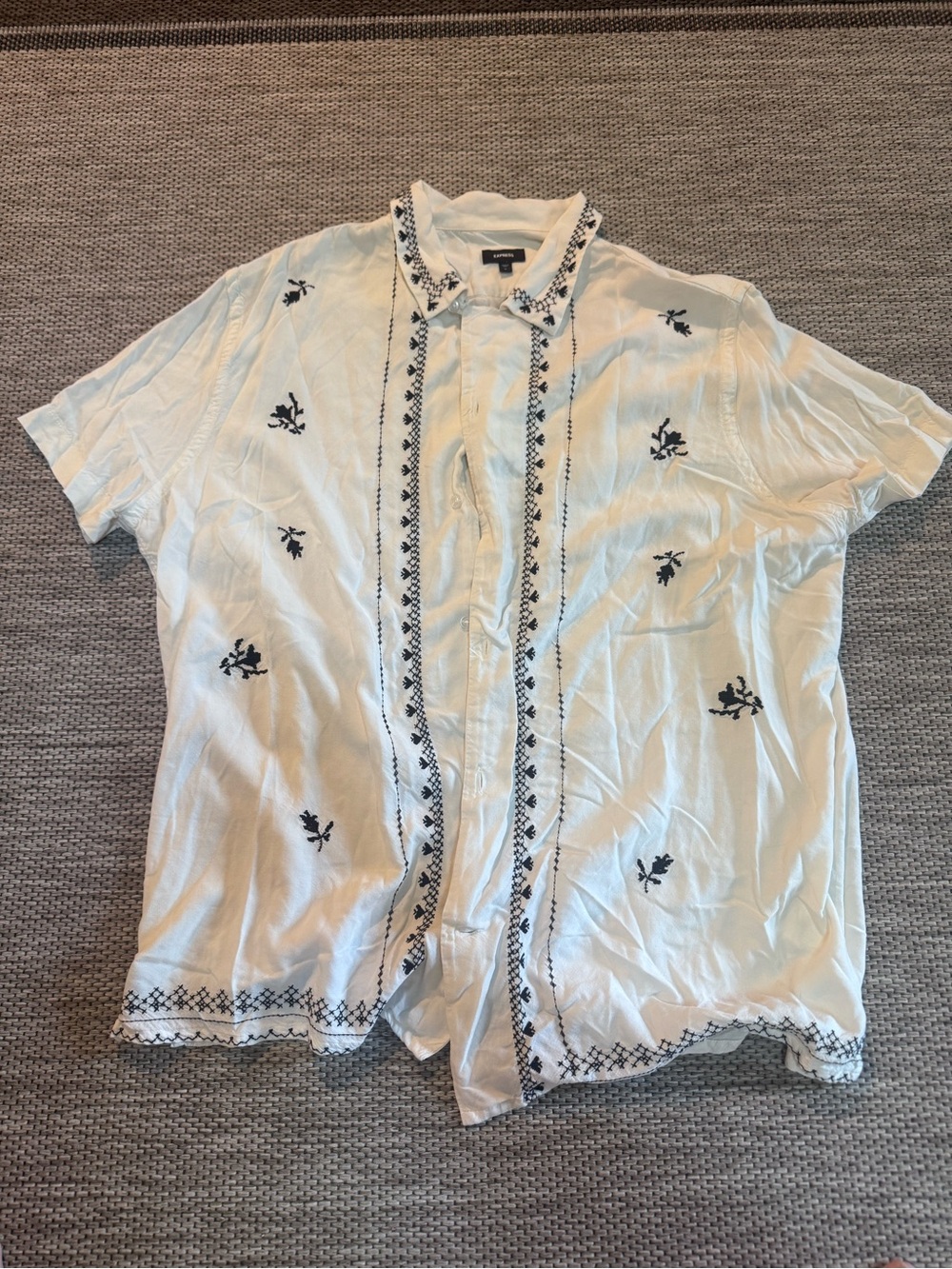 Express White Short-Sleeve Button-Down Shirt with Black Embroidery